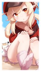 Rule 34 | 1girl, absurdres, ahoge, beach, bloomers, blurry, cabbie hat, cloud, cloudy sky, clover print, coat, commentary request, depth of field, genshin impact, hair between eyes, hat, hat feather, hat ornament, head tilt, highres, hilichurl (genshin impact), horizon, klee (genshin impact), kneehighs, light brown hair, long hair, looking at viewer, low twintails, no shoes, orange eyes, parted lips, pointy ears, red coat, red headwear, sidelocks, sitting, sky, socks, tea (0083), twintails, underwear