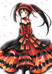 Rule 34 | 10s, 1girl, arms behind back, black hair, date a live, frills, gothic lolita, hairband, heterochromia, lolita fashion, lolita hairband, long hair, looking at viewer, petals, smile, solo, tokisaki kurumi, twintails, villyane, wind