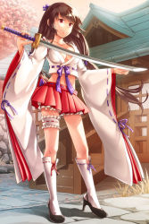 Rule 34 | 1girl, black footwear, bloomers, breasts, brown hair, cleavage, closed mouth, commentary request, crop top, cropped shirt, frilled straps, full body, high heels, holding, holding sword, holding weapon, japanese clothes, katana, kimono, long hair, looking at viewer, medium breasts, midriff, miniskirt, natsuya (kuttuki), nontraditional miko, pink eyes, pleated skirt, purple ribbon, red skirt, ribbon, ribbon-trimmed legwear, ribbon-trimmed sleeves, ribbon trim, shrine, skirt, smile, socks, solo, standing, sword, thigh strap, twintails, underwear, venus blade, weapon, white kimono, white socks, wide sleeves