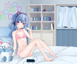 Rule 34 | 1girl, animal ears, barefoot, bed, bed sheet, belly, blue hair, blush, book, bra, breasts, cat ears, cellphone, chiaki katsumi, commission, curtains, fake animal ears, feet, headphones, highres, looking at viewer, navel, panties, phone, pillow, pink bra, pink eyes, pixellink, power symbol, shelf, small breasts, smartphone, smile, solo, striped clothes, striped panties, stuffed toy, thighs, underwear, underwear only, virtual youtuber, wall