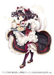 Rule 34 | 1girl, apron, argyle, argyle clothes, argyle legwear, black legwear, black skirt, blue eyes, bow, brown hair, cake, cake slice, clenched hand, cup, dessert, food, fork, frills, full body, hair bow, hand up, holding, holding tray, mahou tsukai to kuroneko no wiz, maid, maid apron, official art, pocket, red bow, shoes, short twintails, skirt, solo, tea, teacup, teapot, tray, twintails, watermark, white background, white bow