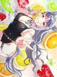 Rule 34 | 1girl, animal ears, black one-piece swimsuit, blunt bangs, bracelet, breasts, cleavage, commentary, eyewear on head, food, fruit, gold ship (run revolt launcher) (umamusume), gold ship (umamusume), grey hair, highres, holding, holding food, horse ears, horse girl, horse tail, jewelry, large breasts, lemon, long hair, looking at viewer, mochitsuki wataame, necklace, official alternate costume, one-piece swimsuit, purple eyes, solo, sunglasses, swimsuit, tail, umamusume, v