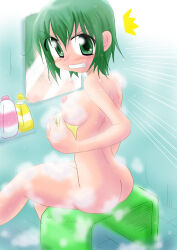 Rule 34 | 1girl, angry, ass, bath, blush, clenched teeth, from behind, green eyes, green hair, holding, long sleeves, looking at viewer, looking back, marinba, mirror, nipples, nude, original, shampoo bottle, short hair, sitting, soap, soap bubbles, sponge, steam, stool, surprised, teeth, wet