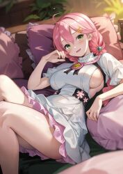 Rule 34 | 1girl, ahoge, blush, braid, breasts, couch, dress, frilled dress, frills, green eyes, hair between eyes, hair ornament, hairclip, harada isuka, highres, hololive, indoors, large breasts, long hair, looking at viewer, on couch, open mouth, pillow, pink hair, sakura miko, sideboob, skirt, smile, solo, virtual youtuber, white dress
