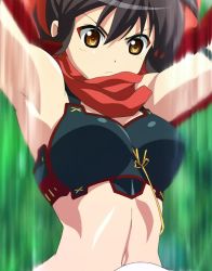 Rule 34 | 10s, 1girl, :&lt;, armor, arms up, breastplate, breasts, female focus, fundoshi, highres, izumi (queen&#039;s blade), japanese clothes, looking down, motion blur, navel, ponytail, queen&#039;s blade, queen&#039;s blade lost worlds, queen&#039;s blade rebellion, red scarf, scarf, screencap, shiny skin, third-party edit, wide hips