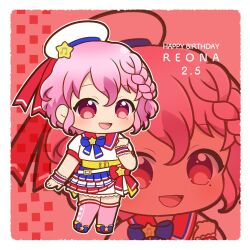 Rule 34 | 1boy, :d, blue ribbon, braid, character name, chibi, chii (chi pppuri), crossdressing, full body, hand up, happy birthday, hat, idol clothes, looking at viewer, mole, mole under eye, open mouth, outline, pink hair, pink thighhighs, pleated skirt, pretty series, pripara, red background, red eyes, red footwear, red ribbon, red sailor collar, reona west, ribbon, sailor collar, sailor hat, shirt, shoes, short hair, short sleeves, side braid, skirt, smile, solo, standing, star (symbol), thighhighs, trap, white hat, white outline, white shirt, wrist cuffs