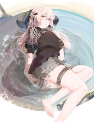 Rule 34 | 1girl, bare legs, barefoot, beach, black dress, blonde hair, blush, bow, breasts, brown eyes, dress, feet, flower, girls&#039; frontline, hair bow, hair flower, hair ornament, hair ribbon, highres, legs, long hair, looking at viewer, medium breasts, no shoes, orange eyes, ots-14 (girls&#039; frontline), ribbon, ru zhai, simple background, sitting, sitting on lap, sitting on person, soles, solo, strap, tight clothes, water