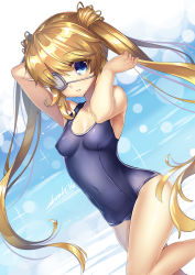 Rule 34 | 10s, 1girl, abondz, blonde hair, blue eyes, blue one-piece swimsuit, blurry, blush, breasts, collarbone, covered navel, depth of field, eyebrows, eyepatch, hair between eyes, leg up, lens flare, long hair, looking at viewer, medical eyepatch, nakatsu shizuru, one-piece swimsuit, parted lips, rewrite, school swimsuit, shade, small breasts, solo, sparkle, standing, standing on one leg, swimsuit, twintails
