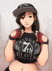 Rule 34 | 1girl, against wall, alternate costume, baseball cap, black eyes, black hair, breasts, clothes writing, commentary, crop top, earrings, english commentary, facing viewer, final fantasy, final fantasy vii, fingerless gloves, gloves, hat, jewelry, large breasts, lips, long hair, looking at viewer, midriff, navel, red gloves, signature, solo, tifa lockhart, vashperado
