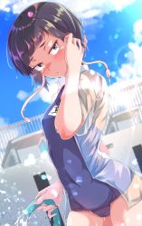 Rule 34 | 1girl, adjusting hair, blue sky, blush, boku no hero academia, brown hair, cloud, commentary request, covered navel, cowboy shot, day, from side, tucking hair, hand up, highres, holding, holding hose, hose, jirou kyouka, one-piece swimsuit, outdoors, pool, school, school swimsuit, see-through, see-through shirt, shinonome mozuku, short hair, sky, solo, swimsuit, water, wet