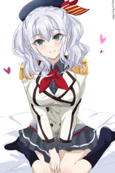 Rule 34 | 1girl, blue eyes, breasts, chamumi (mochiumee), collared shirt, commentary request, epaulettes, frilled sleeves, frills, grey hair, grey shirt, grey skirt, highres, jacket, kantai collection, kashima (kancolle), large breasts, long hair, long sleeves, looking at viewer, military jacket, military uniform, neckerchief, one-hour drawing challenge, pleated skirt, red neckerchief, shirt, sitting, skirt, smile, solo, twintails, uniform, wavy hair, white jacket