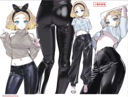 Rule 34 | 1girl, alternate costume, alternate hairstyle, aqua eyes, arms up, ass, black choker, black pants, black ribbon, blonde hair, blue shirt, blush, braid, breasts, choker, closed mouth, clothing cutout, collarbone, commentary, contemporary, cowboy shot, cropped shirt, cropped sweater, crown braid, earrings, from below, full body, grey shirt, grey sweater, hair ornament, hair ribbon, hairband, hairclip, high-waist pants, jewelry, leather, leather pants, lips, looking at viewer, lower body, medium breasts, midriff, multiple views, navel, nintendo, no bra, pants, parted bangs, pointy ears, princess zelda, ribbed sweater, ribbon, sandals, shirt, short hair, shoulder cutout, shuri (84k), simple background, sleeves past wrists, smile, standing, sweater, the legend of zelda, the legend of zelda: breath of the wild, the legend of zelda: tears of the kingdom, thick eyebrows, tight clothes, tight pants, translated, triforce, turtleneck, turtleneck sweater, underboob, upshirt, white background