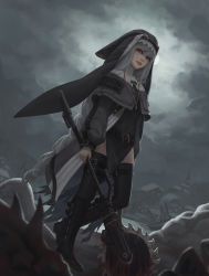 Rule 34 | 1girl, absurdres, arknights, black dress, black footwear, black thighhighs, boots, braid, braided ponytail, cloud, cloudy sky, dress, dutch angle, highres, holding, holding weapon, hood, knee boots, long hair, outdoors, parted lips, ponytail, red eyes, riverown, silver hair, sky, solo, specter (arknights), standing, thighhighs, very long hair, weapon