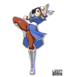 Rule 34 | 1girl, arms up, blue dress, boots, bracelet, breasts, brown eyes, brown hair, brown pantyhose, bun cover, capcom, china dress, chinese clothes, chun-li, commentary request, cross-laced footwear, double bun, dress, eyeliner, fighting stance, gold trim, hair bun, highres, jewelry, makeup, medium breasts, pantyhose, pelvic curtain, puffy sleeves, sakasa gurasan, sash, short sleeves, side slit, solo, spiked bracelet, spikes, standing, standing on one leg, street fighter, thighs, white background, white footwear