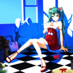 Rule 34 | 1girl, arm support, bad id, bad pixiv id, bare shoulders, checkered floor, dress, feet, floor, flower, green eyes, green hair, hair flower, hair ornament, hand on own chest, hatsune miku, highres, long hair, matching hair/eyes, open shoes, sandals, santa costume, sitting, solo, strap slip, twintails, very long hair, vocaloid, yuragi (amriel)