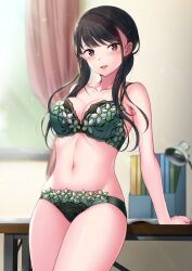 Rule 34 | 1girl, arm behind back, arm support, black eyes, black hair, blush, book, bra, breasts, cleavage, collarbone, commentary, cowboy shot, curtains, desk lamp, floral print, green bra, green panties, hair ornament, hairclip, highres, indoors, kotohane, lace, lace-trimmed bra, lace trim, lamp, long hair, looking at viewer, medium breasts, navel, open mouth, original, panties, smile, solo, standing, stomach, swept bangs, table, twintails, underwear, underwear only, window