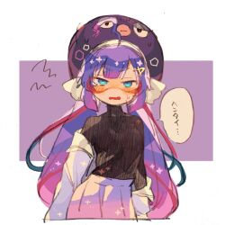 Rule 34 | 1girl, ahoge, angry, black undershirt, blue eyes, blush, border, breasts, commentary request, covered collarbone, cropped legs, eel hat, embarrassed, fukomo, goggles, gradient hair, hair ornament, hairclip, highres, long hair, looking at viewer, low twintails, multicolored clothes, multicolored hair, multicolored skirt, otomachi una, otomachi una (voicepeak), outside border, pink hair, pink skirt, pleated skirt, purple background, purple hair, purple skirt, simple background, skin tight, skirt, small breasts, solo, sparkle, speech bubble, squiggle, sweat, translated, turtleneck, twintails, undressing, v-shaped eyebrows, vocaloid, voicepeak, wavy mouth, white border, wilted ahoge