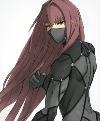 Rule 34 | 1girl, back, black bodysuit, bodysuit, cluhob, fate/grand order, fate (series), gloves, hand up, highres, latex, latex bodysuit, long hair, looking at viewer, mask, mouth mask, red eyes, red hair, scathach (fate), scathach (first ascension) (fate), solo, white background
