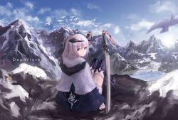 Rule 34 | 1girl, bad id, bad pixiv id, blue sky, cancell, capelet, closed mouth, cloud, commentary, day, dual wielding, from behind, hair between eyes, holding, horns, kneehighs, knees together feet apart, looking at viewer, looking back, mountain, original, outdoors, red eyes, scenery, silver hair, sitting, sky, snow, socks, solo, sword, weapon
