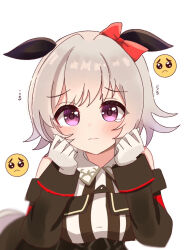 Rule 34 | 1girl, black dress, bow, clenched hands, curren chan (umamusume), dress, ear bow, ear covers, emoji, grey hair, highres, horse girl, looking at viewer, melonpan (d 5536), off-shoulder dress, off shoulder, pleading face emoji, purple eyes, red bow, short hair, simple background, solo, umamusume, white background