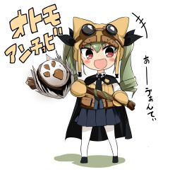 Rule 34 | +++, 10s, 1girl, :d, absurdres, anchovy (girls und panzer), animal hat, anzio school uniform, barashiya, belt, black belt, black cape, black footwear, black necktie, black ribbon, black skirt, blush stickers, brown hat, brown mittens, brown vest, cape, cat hat, character name, chibi, commentary request, cosplay request, dress shirt, drill hair, emblem, eyebrows visible through hat, girls und panzer, goggles, goggles on headwear, green hair, hair ribbon, hat, highres, holding, holding staff, italian text, long hair, long sleeves, looking at viewer, miniskirt, mittens, monster hunter (series), necktie, open mouth, pantyhose, partially translated, pleated skirt, red eyes, ribbon, school uniform, shadow, shirt, shoes, skirt, smile, solo, staff, translation request, twin drills, twintails, v-shaped eyebrows, vest, white background, white pantyhose, white shirt