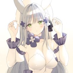 Rule 34 | 1girl, animal ears, bad id, bad pixiv id, bare shoulders, beret, black choker, blush, breasts, choker, cleavage, closed mouth, collarbone, commentary, cross, cross earrings, detached sleeves, earrings, facial mark, fake animal ears, frilled sleeves, frills, girls&#039; frontline, green eyes, grey hair, hair ornament, hands up, hat, highres, hk416 (girls&#039; frontline), hk416 (herbal-flavored hard candy) (girls&#039; frontline), jewelry, juliet sleeves, leotard, long hair, long sleeves, looking at viewer, mattang, medium breasts, official alternate costume, puffy sleeves, rabbit ears, simple background, solo, strapless, strapless leotard, symbol-only commentary, upper body, white background, white hat, white leotard, white sleeves