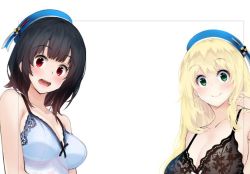 Rule 34 | 2girls, amami amayu, atago (kancolle), beret, black bra, black hair, blonde hair, blue hat, blue nightgown, blush, bra, breasts, cleavage, closed mouth, collarbone, green eyes, hand in own hair, hat, kantai collection, large breasts, long hair, looking at viewer, multiple girls, nightgown, open mouth, red eyes, short hair, simple background, smile, takao (kancolle), underwear, underwear only, upper body, white background