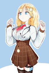Rule 34 | 1girl, absurdres, blonde hair, blue background, blue eyes, breasts, brown skirt, brown thighhighs, expressionless, garter straps, hair ornament, high-waist skirt, highres, hololive, hololive english, holster, juicycloney, large breasts, long hair, long sleeves, necktie, outline, plaid, plaid skirt, pocket watch, popped button, red necktie, shirt, short necktie, simple background, skirt, solo, stethoscope, thigh holster, thighhighs, virtual youtuber, w arms, watch, watson amelia, watson amelia (1st costume), white outline, white shirt