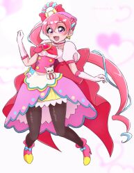Rule 34 | 1girl, alternate color, ankle boots, apron, back bow, black pantyhose, blue hair, boh stick, boots, bow, bowtie, brooch, commentary, cosplay, cure spicy, cure spicy (cosplay), delicious party precure, dress, earrings, floating, gloves, hair bow, heart, heart brooch, high heel boots, high heels, highres, huge bow, jewelry, kome-kome (precure), long hair, looking at viewer, magical girl, medium dress, multicolored hair, nagomi yui, open mouth, pantyhose, pink dress, pink footwear, pink hair, precure, puffy short sleeves, puffy sleeves, purple eyes, red bow, red bowtie, rope, short sleeves, side ponytail, smile, solo, streaked hair, twitter username, two-tone hair, very long hair, waist apron, white gloves
