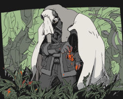 Rule 34 | 1boy, belt, blood, blood on gloves, cape, commentary request, covered face, flask, flat color, foliage, gloves, grass, green background, grey gloves, grey jacket, grey pants, gyarike, hand up, hatching (texture), helmet, hood, hood up, hooded cape, jacket, leaf, made in abyss, male focus, open clothes, open jacket, pants, pocket, sketch, solo, standing, toge (owannun), twitter username, whistle, whistle around neck, white cape, white headwear