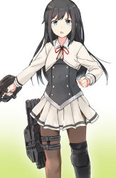 Rule 34 | 1girl, adapted costume, asashio (kancolle), black hair, black pantyhose, blue eyes, cowboy shot, dress, gradient background, green background, holding, holding turret, kantai collection, long hair, long sleeves, pantyhose, pinafore dress, pleated skirt, satsumi, shirt, simple background, skirt, sleeveless, sleeveless dress, solo, thigh strap, torpedo, torpedo tubes, turret, white background, white shirt, white skirt