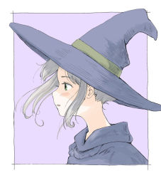Rule 34 | 1girl, commentary, green eyes, hat, original, parted lips, poranka (porankaran), portrait, profile, silver hair, simple background, solo, witch, witch hat