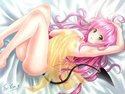 Rule 34 | 10s, 1girl, :o, ahoge, arm up, armpits, barefoot, bed, bed sheet, blush, breasts, demon tail, for ksei, green eyes, lala satalin deviluke, legs, long hair, looking at viewer, lying, nipples, on back, pink hair, see-through, shueisha, solo, tail, to love-ru, to love-ru darkness