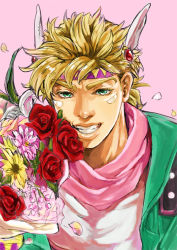 Rule 34 | 1boy, bad id, bad pixiv id, blonde hair, bouquet, caesar anthonio zeppeli, facial mark, feather hair ornament, feathers, flower, green eyes, green jacket, grin, feather hair ornament, headband, ito (e10 e10), jacket, jojo no kimyou na bouken, lily of the valley, lips, male focus, petals, pink background, red flower, red rose, rose, smile, solo, teeth, upper body
