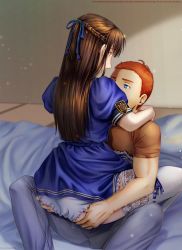 Rule 34 | 1boy, 1girl, arms around neck, ass grab, bed sheet, blue dress, blue eyes, braid, brown eyes, brown hair, brown shirt, commission, dress, french braid, frills, hair ribbon, hetero, highres, implied sex, iowa (pacific), jewelry, kantai collection, lace, lace-trimmed legwear, lace trim, leg lock, long hair, looking at another, melisaongmiqin, pacific (kancolle), panties, puffy sleeves, red hair, ribbon, ring, sailor dress, shirt, short hair, short sleeves, sitting, sitting on lap, sitting on person, text focus, thighhighs, underwear, wedding band, white panties, white thighhighs