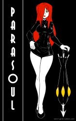 Rule 34 | 1girl, black background, black dress, breasts, character name, cross, cross necklace, dress, full body, hair over one eye, hand on own hip, highres, jewelry, krieg (skullgirls), lipstick, long hair, looking at viewer, makeup, necklace, parasoul (skullgirls), red hair, red lips, semlgrim, shoes, skullgirls, solo, tagme, thighs, umbrella, yellow eyes
