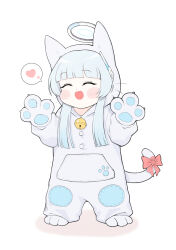 Rule 34 | 1girl, :d, ^ ^, animal costume, animal hands, bell, blue archive, blunt bangs, blush stickers, bow, cat costume, chibi, closed eyes, commentary request, fake tail, full body, gloves, halo, headgear, heart, highres, long hair, long sleeves, looking at viewer, neck bell, noa (blue archive), open mouth, paw gloves, pocket, puffy cheeks, ribbon, sidelocks, simple background, smile, solo, spoken heart, standing, tail, tail bow, tail ornament, tail ribbon, white background, white hair, yosik