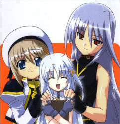 Rule 34 | 00s, 3girls, ahoge, blue eyes, blue hair, book, brown hair, closed eyes, fingerless gloves, gloves, hat, long hair, lowres, lyrical nanoha, magical girl, mahou shoujo lyrical nanoha, mahou shoujo lyrical nanoha a&#039;s, mahou shoujo lyrical nanoha strikers, multiple girls, open mouth, red eyes, reinforce, reinforce zwei, short hair, silver hair, time paradox, tome of the night sky, unison (nanoha), yagami hayate