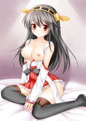 Rule 34 | 10s, 1girl, bare shoulders, black hair, boots, breasts, brown eyes, detached sleeves, hair ornament, hairband, hairclip, haruna (kancolle), japanese clothes, kantai collection, large breasts, long hair, looking at viewer, miko, mini person, minigirl, nikoo, nipples, nontraditional miko, personification, sitting, solo, thigh boots, thighhighs