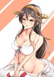 Rule 34 | 10s, 1girl, bikini, black hair, blush, breast suppress, breasts, collarbone, front-tie bikini top, front-tie top, hair ornament, hairclip, haruna (kancolle), headgear, highres, kantai collection, large breasts, lifebouy, lifebuoy, long hair, looking at viewer, open mouth, sarong, sezok, solo, striped, striped background, swim ring, swimsuit, teeth, upper body, yellow eyes