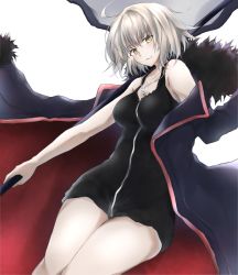 Rule 34 | 1girl, ahoge, bare shoulders, breasts, cape, dutch angle, fate/grand order, fate (series), fur-trimmed cape, fur trim, grey hair, jeanne d&#039;arc (fate), jeanne d&#039;arc alter (fate), jeanne d&#039;arc alter (ver. shinjuku 1999) (fate), jewelry, looking at viewer, medium breasts, necklace, official alternate costume, short hair, sketch, smile, solo, standard bearer, thigh gap, thighs, white background, yellow eyes, yuki maccha (yukimattya10)