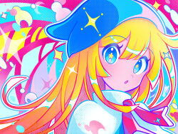 Rule 34 | 1girl, blonde hair, blue eyes, blue headwear, colorful, eyelashes, flower in eye, hair between eyes, highres, long hair, multicolored background, oataruu, open mouth, puyopuyo, red ribbon, ribbon, sega, solo, sparkle, symbol in eye, witch, witch (puyopuyo)