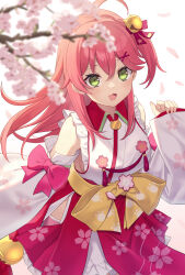 Rule 34 | 1girl, absurdres, bell, cherry blossom print, detached sleeves, floral print, green eyes, hair bell, hair ornament, hairclip, highres, hololive, japanese clothes, nontraditional miko, one side up, pink hair, sakura miko, shikinagi, solo, virtual youtuber