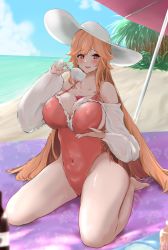 Rule 34 | 1girl, alcohol, azur lane, bare shoulders, beach, beach umbrella, between breasts, blush, grabbing another&#039;s breast, breast hold, breast rest, breasts, cleavage, covered erect nipples, cup, drinking glass, grabbing, grabbing own breast, hat, heart, heart-shaped pupils, highres, kneeling, large breasts, navel, official alternate costume, oza osuwari, pouring, pouring onto self, red hair, richelieu (azur lane), richelieu (fleuron of the waves) (azur lane), see-through, see-through sleeves, skindentation, solo, spread legs, sun hat, swimsuit, symbol-shaped pupils, thick thighs, thighs, umbrella, wet, wine, wine glass