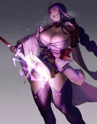 Rule 34 | 1girl, bad id, bad twitter id, braid, breasts, cleavage, eu03, genshin impact, gradient background, grey background, highres, human scabbard, large breasts, low-braided long hair, low-tied long hair, purple thighhighs, raiden shogun, solo, standing, thighhighs, veins, veiny breasts