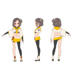 Rule 34 | arms at sides, blonde hair, braid, bridal gauntlets, brown hair, buttons, character sheet, closed mouth, crop top, detached sleeves, double-breasted, enkyo yuuichirou, facing viewer, from behind, from side, hand up, high heels, houchou masamune, long sleeves, midriff, miniskirt, multicolored hair, neckerchief, official art, parted bangs, red eyes, sheath, sheathed, short sword, side ponytail, single leg pantyhose, skirt, smile, streaked hair, sword, tantou, tenka hyakken, weapon, wide sleeves, yellow neckerchief