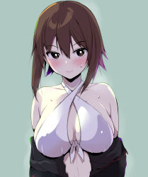 Rule 34 | 1girl, amasora taichi, bare shoulders, bikini, bikini top only, blush, breasts, brown eyes, brown hair, cleavage, closed mouth, covered erect nipples, girls und panzer, hair between eyes, large breasts, looking at viewer, midriff, nishizumi maho, short hair, simple background, solo, sweat, swimsuit, upper body