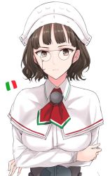 Rule 34 | 1girl, breast hold, breasts, brown eyes, brown hair, capelet, expressionless, eyewear strap, glasses, hat, jpeg artifacts, kantai collection, looking at viewer, morinaga miki, pince-nez, roma (kancolle), short hair, solo
