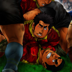 Rule 34 | 5boys, bara, black hair, blush, dirty, dirty clothes, dogpile, facial hair, highres, implied yaoi, large pectorals, male focus, manly, multiple boys, muscular, on person, one eye closed, original, pectoral docking, pectoral press, pectorals, rugby uniform, shoes, short hair, shorts, sideburns, socks, sportswear, stubble, terujirou (masateruteru), thick eyebrows, thighs