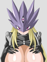 Rule 34 | 1girl, beelstarmon, blonde hair, breasts, breasts out, digimon, embarrassed, female focus, huge breasts, looking at viewer, mask, solo